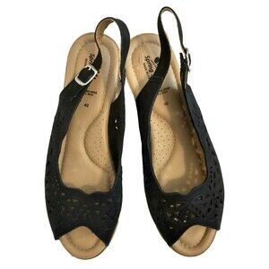 Spring Step Orella Sandal Wedge Black Leather Cut Out Buckle Slingback  - 10.5